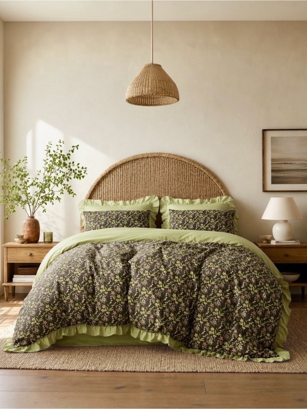 NEW Anthro Green Ruffle Floral Cotton Boho Queen / King Bedding Duvet & Sham Set